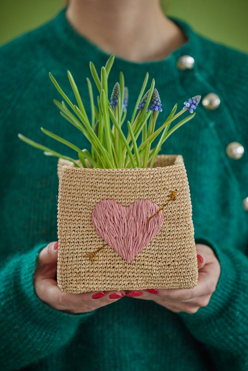 Groß Quadratisch Raffia Korb - Natürlich - Pink Heart Embroidery Environment