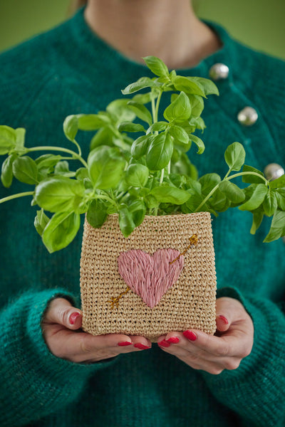 Small Square Raffia Storage Basket - Natural - Pink Heart Embroidery Environment